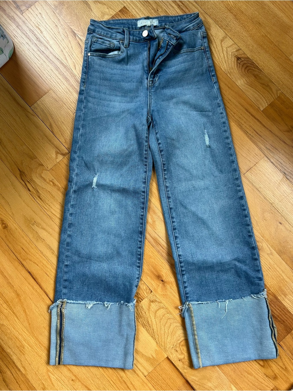 Risen High-Rise Blue Wide-Leg Cuffed Jeans